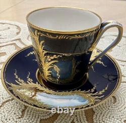 Sevres 18th Century Cup & Saucer Cobalt Blue Hand Painted Scene Heavy Gold Gilt