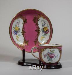 Sevres 18th Century Cup & Saucer Pink Hand Painted Floral Design withGold Gilt