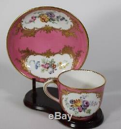 Sevres 18th Century Cup & Saucer Pink Hand Painted Floral Design with Gold Gilt