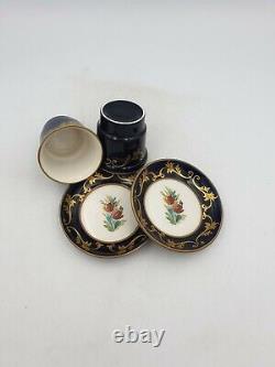 Sevres Style Peint Main Porcelain Cups Saucers Cobalt Blue Gold Hand Paintd Pair