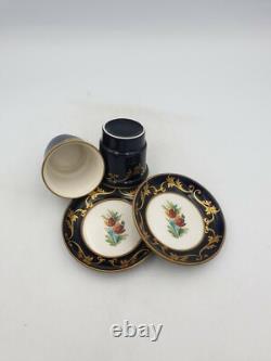 Sevres Style Peint Main Porcelain Cups Saucers Cobalt Blue Gold Hand Paintd Pair