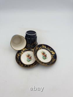 Sevres Style Peint Main Porcelain Cups Saucers Cobalt Blue Gold Hand Paintd Pair