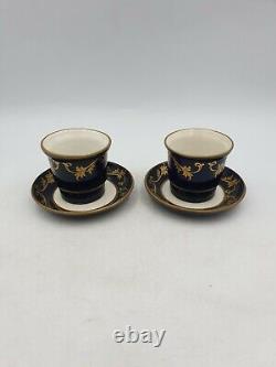 Sevres Style Peint Main Porcelain Cups Saucers Cobalt Blue Gold Hand Paintd Pair