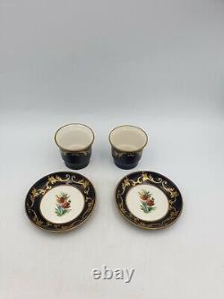 Sevres Style Peint Main Porcelain Cups Saucers Cobalt Blue Gold Hand Paintd Pair