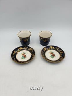 Sevres Style Peint Main Porcelain Cups Saucers Cobalt Blue Gold Hand Paintd Pair