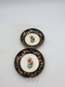 Sevres Style Peint Main Porcelain Cups Saucers Cobalt Blue Gold Hand Paintd Pair
