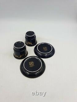 Sevres Style Peint Main Porcelain Cups Saucers Cobalt Blue Gold Hand Paintd Pair
