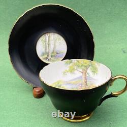 Shelley Cup /Saucer Set. Matte Black, Country Lake Scene, Gold Trim England 1950