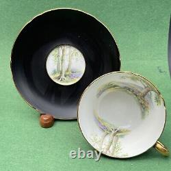 Shelley Cup /Saucer Set. Matte Black, Country Lake Scene, Gold Trim England 1950