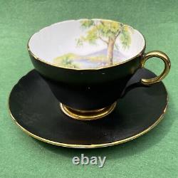 Shelley Cup /Saucer Set. Matte Black, Country Lake Scene, Gold Trim England 1950