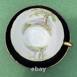 Shelley Cup /Saucer Set. Matte Black, Country Lake Scene, Gold Trim England 1950