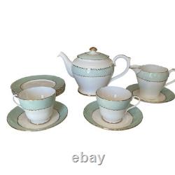 Shelley England Regency Tea Set Teapot Green Gold Cups Saucers Plates Vtg 13 Pc