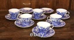 Shelley Glorious Devon Blue White Bone China SIX teacups EIGHT Saucers gold trim