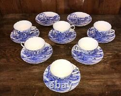 Shelley Glorious Devon Blue White Bone China SIX teacups EIGHT Saucers gold trim