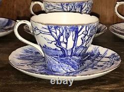 Shelley Glorious Devon Blue White Bone China SIX teacups EIGHT Saucers gold trim