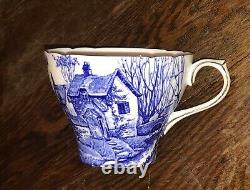 Shelley Glorious Devon Blue White Bone China SIX teacups EIGHT Saucers gold trim