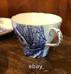 Shelley Glorious Devon Blue White Bone China SIX teacups EIGHT Saucers gold trim