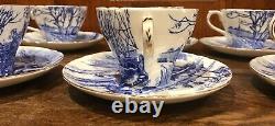 Shelley Glorious Devon Blue White Bone China SIX teacups EIGHT Saucers gold trim