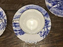 Shelley Glorious Devon Blue White Bone China SIX teacups EIGHT Saucers gold trim