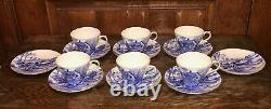 Shelley Glorious Devon Blue White Bone China SIX teacups EIGHT Saucers gold trim