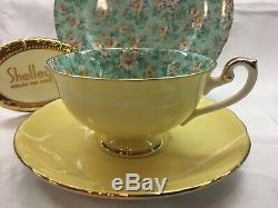 Shelley Marguerite Chintz Footed Lincoln Cup, Saucer & Plate #14217 Gold Trim