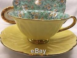 Shelley Marguerite Chintz Footed Oleander Cup, Saucer & Plate #13693 Gold Trim