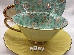 Shelley Marguerite Chintz Footed Oleander Cup, Saucer & Plate #13693 Gold Trim