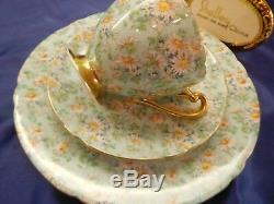 Shelley Marguerite Chintz Footed Ripon Cup, Saucer & Plate #13694 Gold Trim