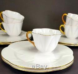 Shelley Set of 6 White and Gold Dainty Tennis Set Cup Saucer / Plate