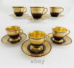 Six Old A. Prevot Limoges French Double Gold & Cobalt Demitasse Cups & Saucers