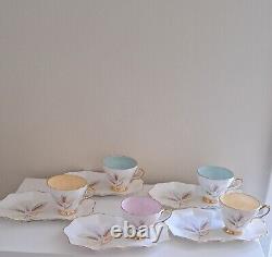 Staffordshire Sutherland Bone China Gold Wheat Teacups& Sandwich Plates Rare Vtg