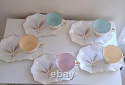 Staffordshire Sutherland Bone China Gold Wheat Teacups& Sandwich Plates Rare Vtg