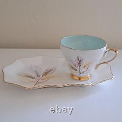 Staffordshire Sutherland Bone China Gold Wheat Teacups& Sandwich Plates Rare Vtg