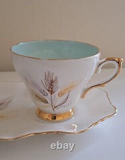 Staffordshire Sutherland Bone China Gold Wheat Teacups& Sandwich Plates Rare Vtg