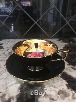 Stunning Paragon Floating Rose Black Gold Cup & Saucer