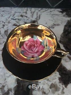 Stunning Paragon Floating Rose Black Gold Cup & Saucer