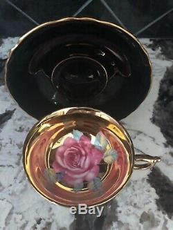 Stunning Paragon Floating Rose Black Gold Cup & Saucer