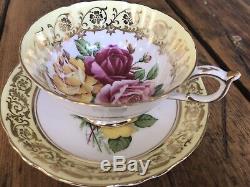 Stunning Paragon Tea Cup & Saucer Duo, Gold, Pink & Yellow Cabbage Roses