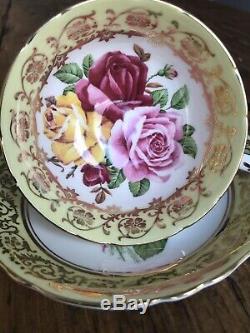 Stunning Paragon Tea Cup & Saucer Duo, Gold, Pink & Yellow Cabbage Roses