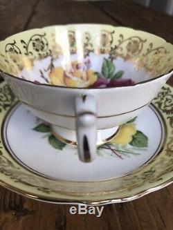 Stunning Paragon Tea Cup & Saucer Duo, Gold, Pink & Yellow Cabbage Roses