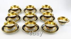 Stunning Set 9 Antique Fischer Mieg Cobalt Gold Teacups Chocolate Cups Saucers