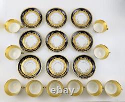 Stunning Set 9 Antique Fischer Mieg Cobalt Gold Teacups Chocolate Cups Saucers
