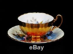 Superb Footed Cup & Saucer Set Orchard Aynsley Flowers and Gold signed Ja. Bailey