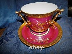 Superb Highly Hand Gilded 2 Handle Oversized Cup & Saucer Limoges Deep Pink