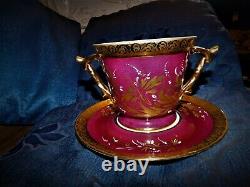 Superb Highly Hand Gilded 2 Handle Oversized Cup & Saucer Limoges Deep Pink