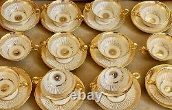 Superb Set Of 12 Tiffany Cauldon Gold Encrusted Soup Bullion Cups & Saucers