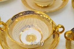 Superb Set Of 12 Tiffany Cauldon Gold Encrusted Soup Bullion Cups & Saucers