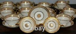 Superb Set Of 12 Tiffany Cauldon Gold Encrusted Soup Bullion Cups & Saucers