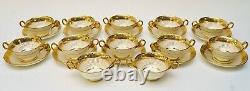 Superb Set Of 12 Tiffany Cauldon Gold Encrusted Soup Bullion Cups & Saucers