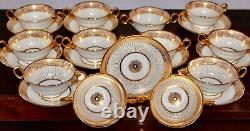 Superb Set Of 12 Tiffany Cauldon Gold Encrusted Soup Bullion Cups & Saucers